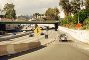 Pick-up truck on a lane merging on the freeway