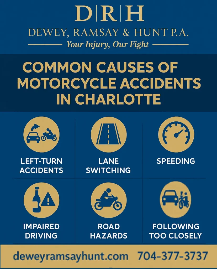 Common causes of motorcycle accidents in Charlotte: Left-turn accidents, lane switching, speeding, impaired driving, and more.