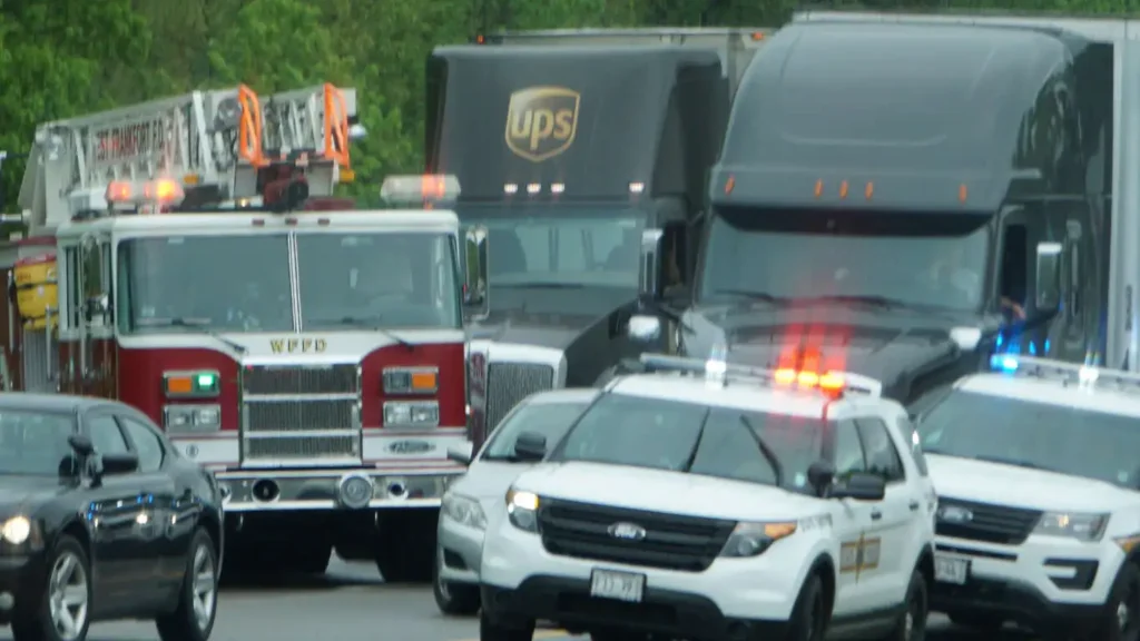 Emergency vehicles responding to a fatal crash on I-485 in North Charlotte.